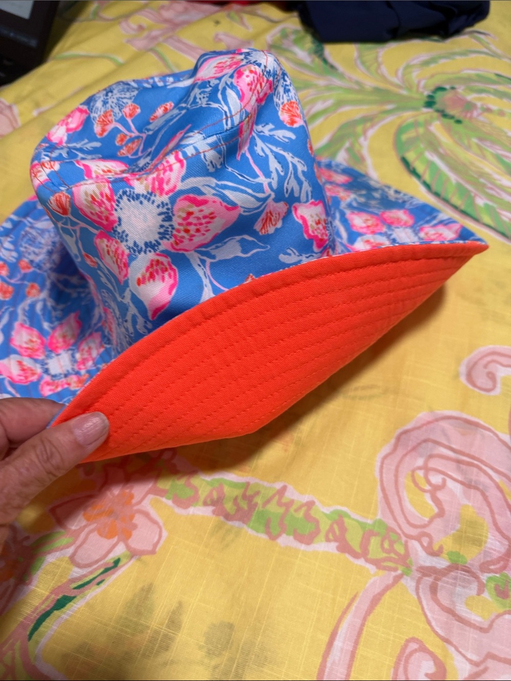 Lilly Pulitzer Floral Bucket Hat with Neon Orange reversible